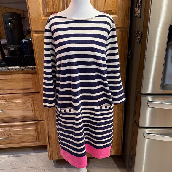 Lilly Pulitzer Dresses & Skirts - Lilly Pulitzer Navy White Stripe, Pink Hem Terry Cloth Dress Pockets Size XL